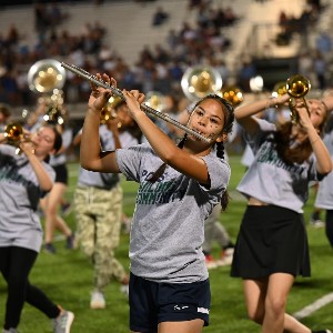 Flutist and horns performing at halftime show