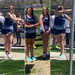Collage of three photos from girls shotput competition