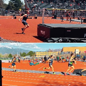 Collage of student competing in the high jump and running
