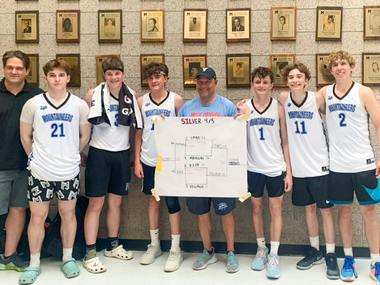 photo of members of the vhs boys basketball team posing with a poster of a bracket