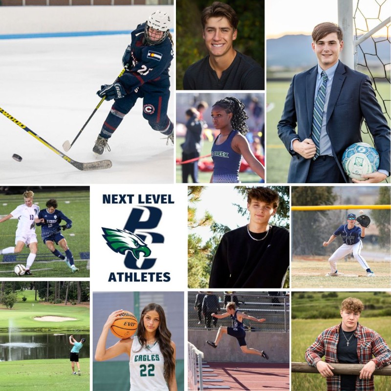 Collage of photos of next level athletes with Pine Creek logo at the center and the text, Next Level Athletes