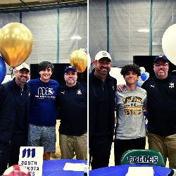 Collage - soccer coaches posing with next level athletes