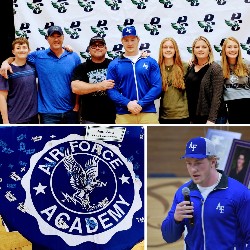 Collage - table cloth that says "Air Force Academy", student holding a mic, and a group shot with an athlete wearing a Air Force baseball cap