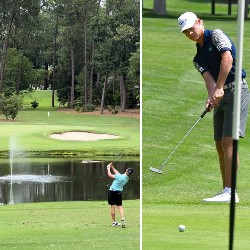 Collage: photo on left shows athlete driving the golf ball on the golf course. Photo on the right shows athlete putting the golf ball.