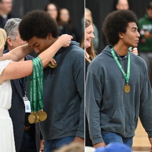 Collage of student receiving medal with green ribbon