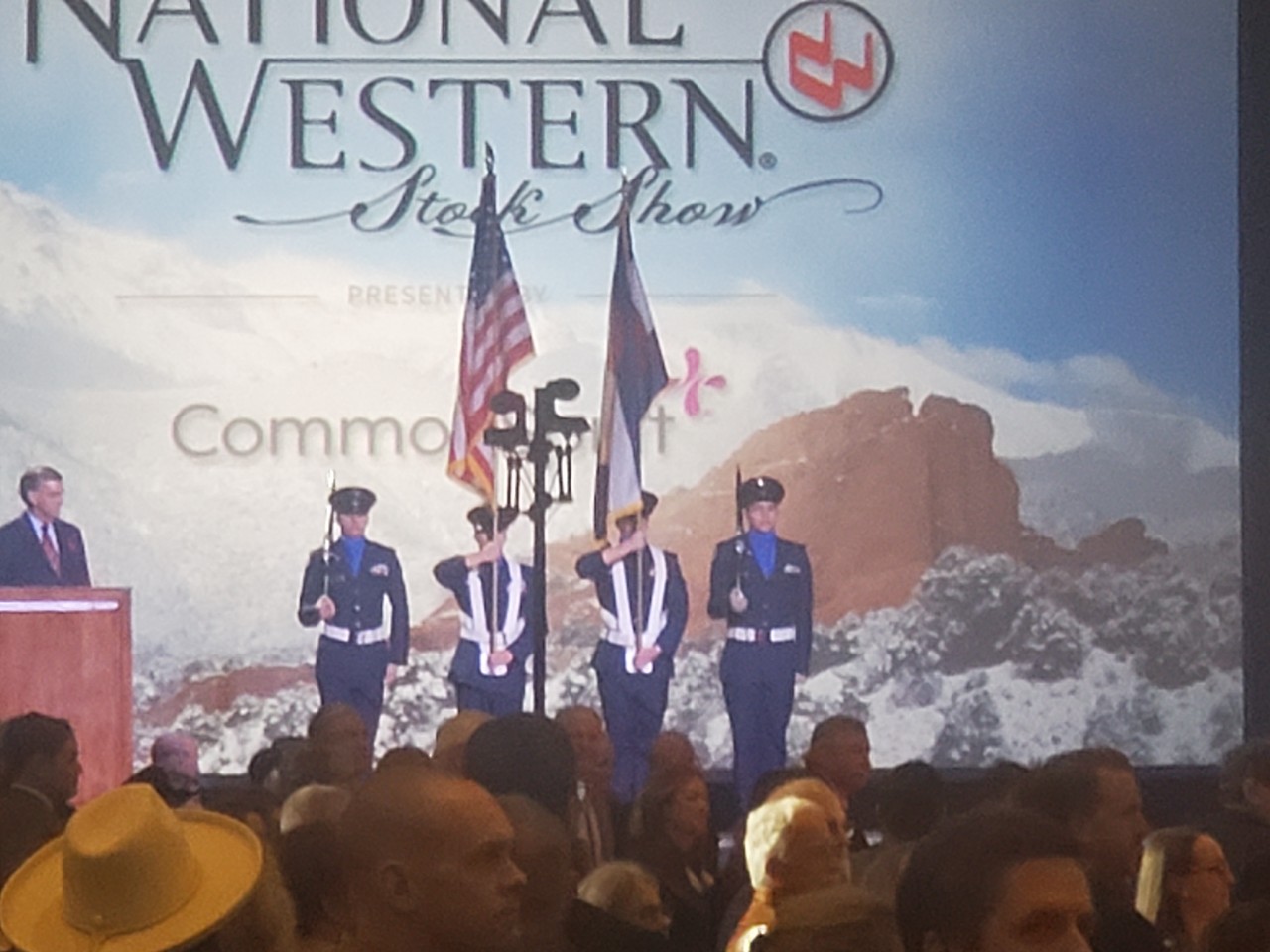Cadets Christian Raker, Ryan Bong, Daniel DeCarolis, and Aslan Rivenburg present the colors.