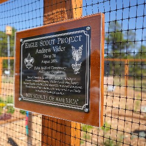 A plaque honoring Andrew Vider's service project to the school 