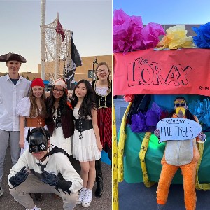 Collage of students in front of Pirate Ship and the Lorax