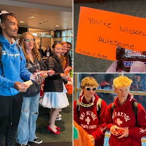 Collage of students handing out candy with notes that say, "You're wicked awesome!"