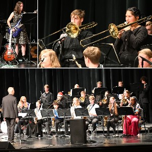 Collage of students performing in a jazz band concert  