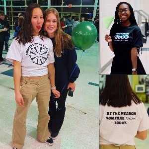 Collage of student wearing T-shirt from Student Council and Sources of Strength