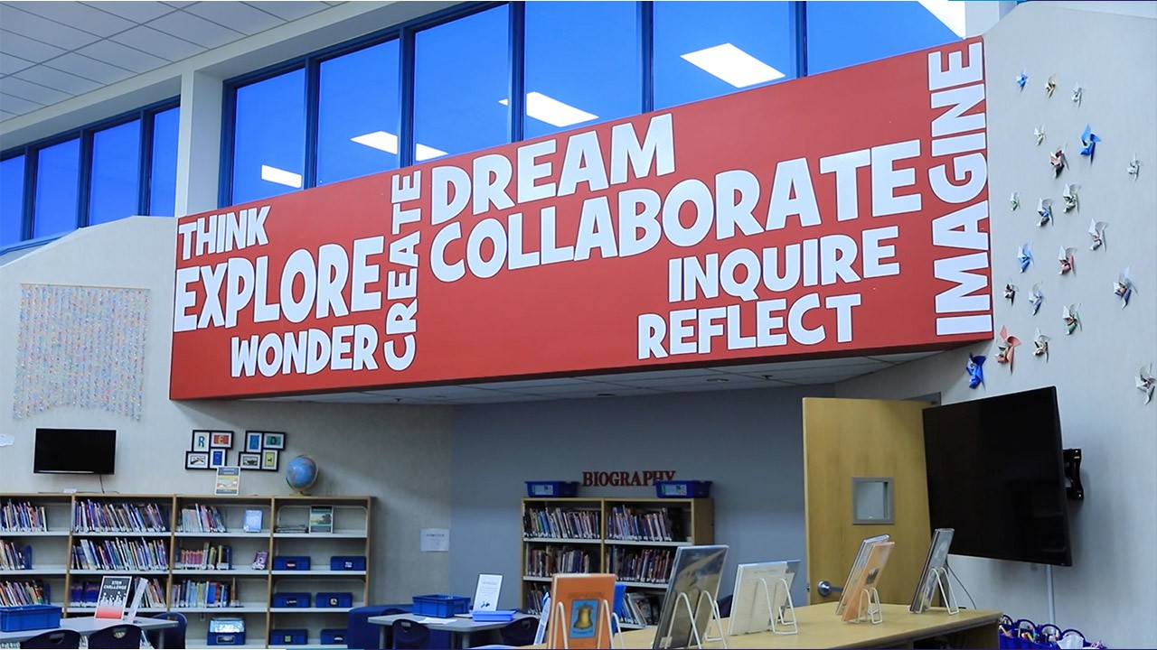 Library wall with bookshelves