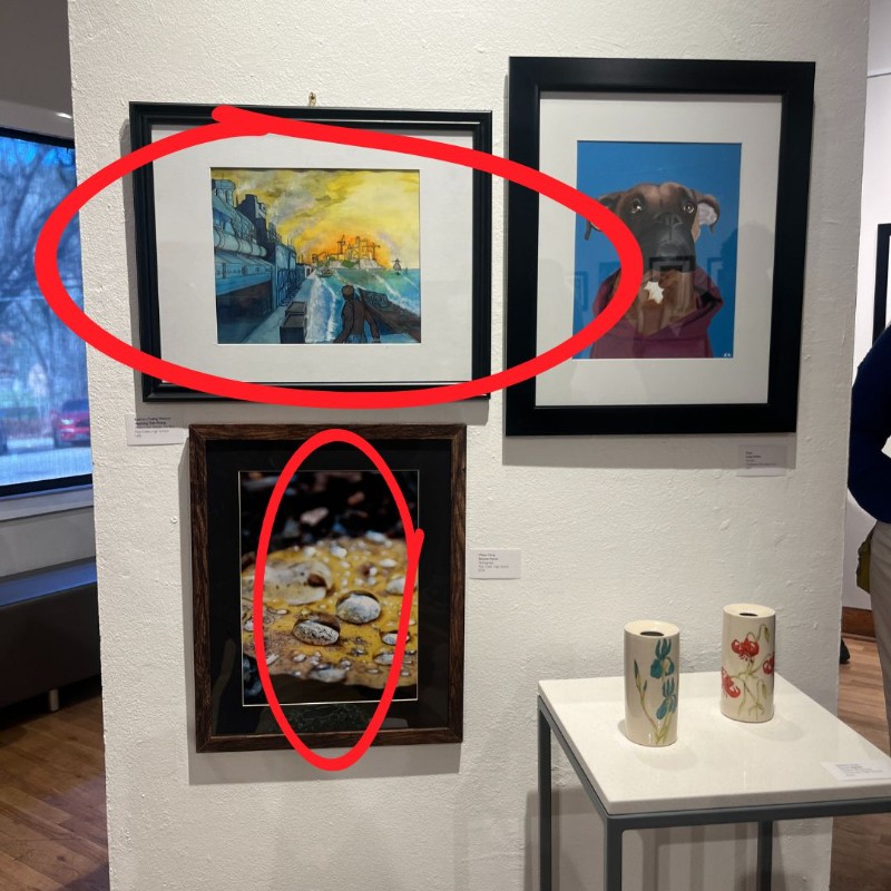 Pieces of art on display with two pieces by Pine Creek artists circled.