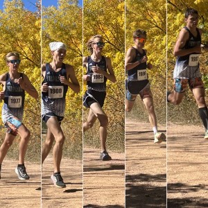 Collage of boys running in front of fall foliage