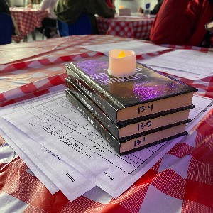 Books stacked and on a table