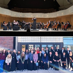 Split photo - orchestra performance on top of frame, students posing outside the performance hall at the bottom.