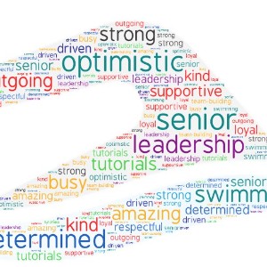 Word cloud in the shape of a swimmer containing words such as loyal, driven, respectful, determined, and kind.