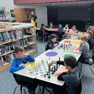 Students playing chess in a library.