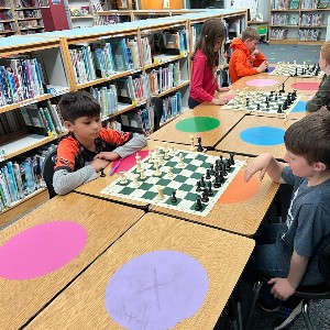 Students playing chess in a library.