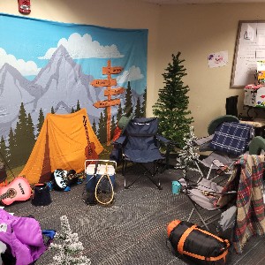 Camping setup in a teacher lounge