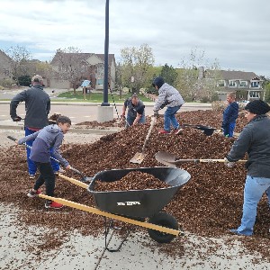 People shoveling a pile of mulch