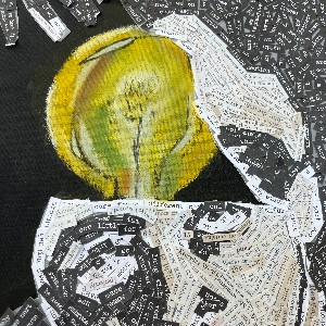 Collage of an open head with a lightbulb coming out of it.