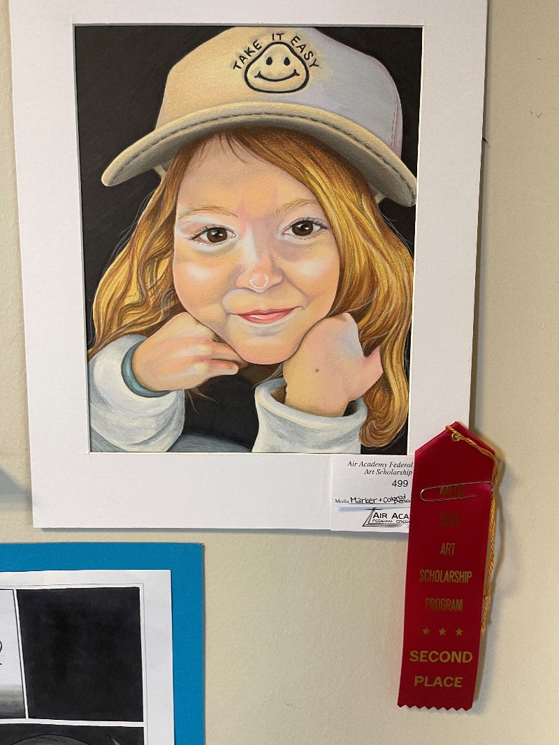 Portrait of a child wearing a hat created with marker and colored pencil