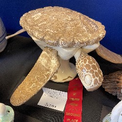 2nd place ribbon next to a brown and white ceramic turtle