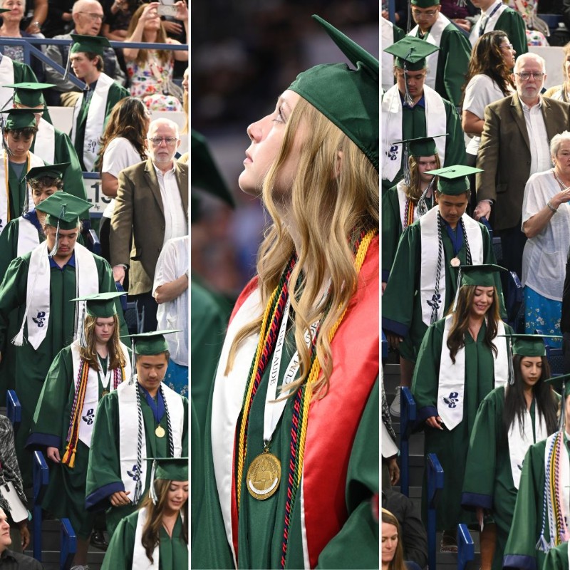 Collage of graduates entering the stadium to "Pomp and Circumstance"