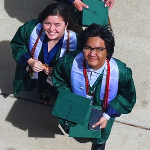 Two Seniors preparing to enter Clune Area