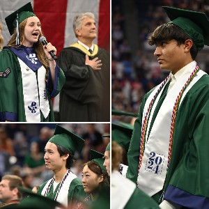 Collage photos of graduates at ceremony, student singing the National Anthem in the upper-left