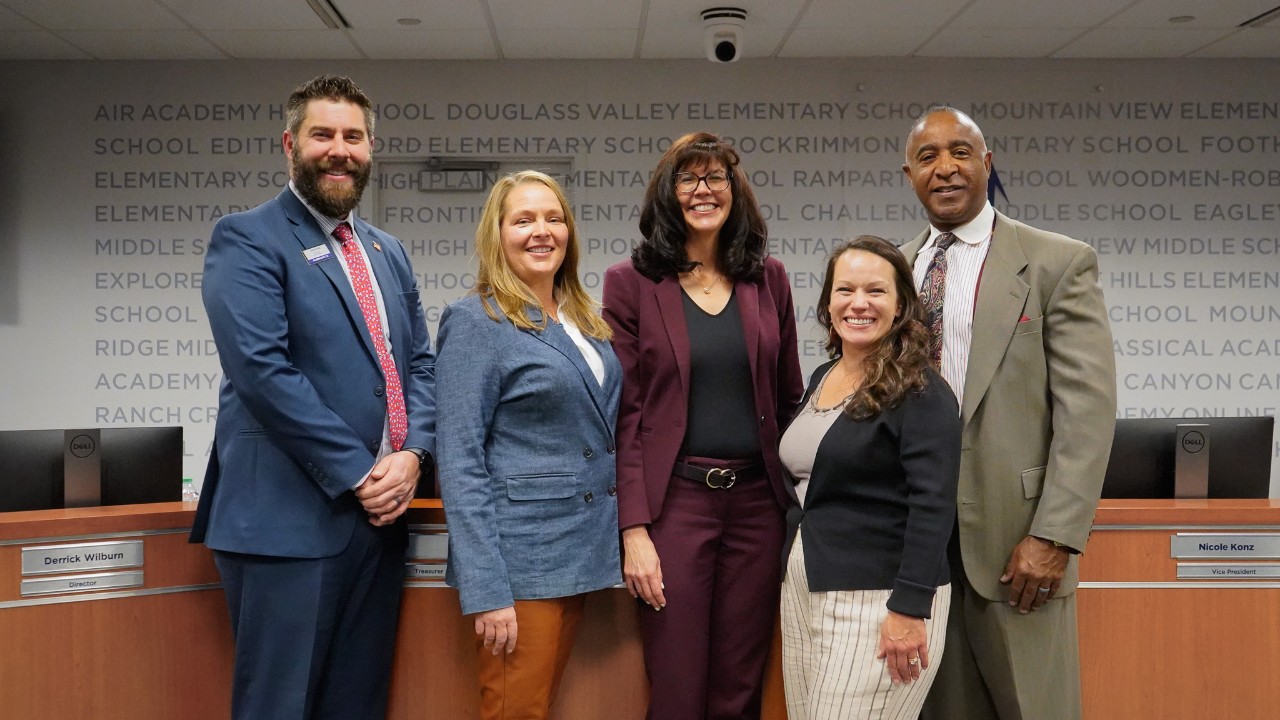 Board President Aaron Salt, Board Treasurer Amy Shandy, Superintendent Jinger Haberer, Board Vice President Nicole Konz, Board Director Derrick Wilburn