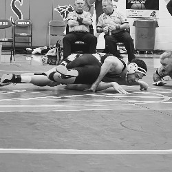 Wrestler pins opponent with referee nearby on the mat to make the call