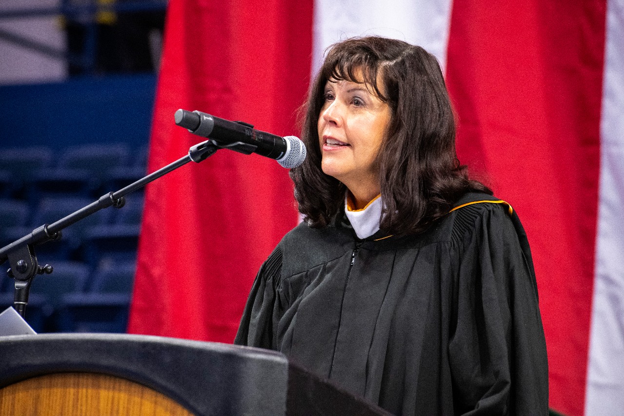 Superintendent Jinger Haberer speaks at graduation.