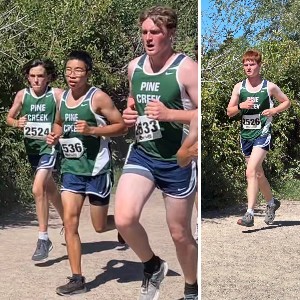 Two collages of JV boys running