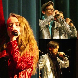 Collage of three images of individual students singing into microphones