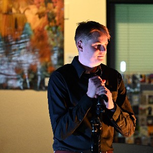 Student with microphone