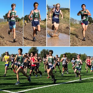 Collage of photos of boys running through the muddy race course.