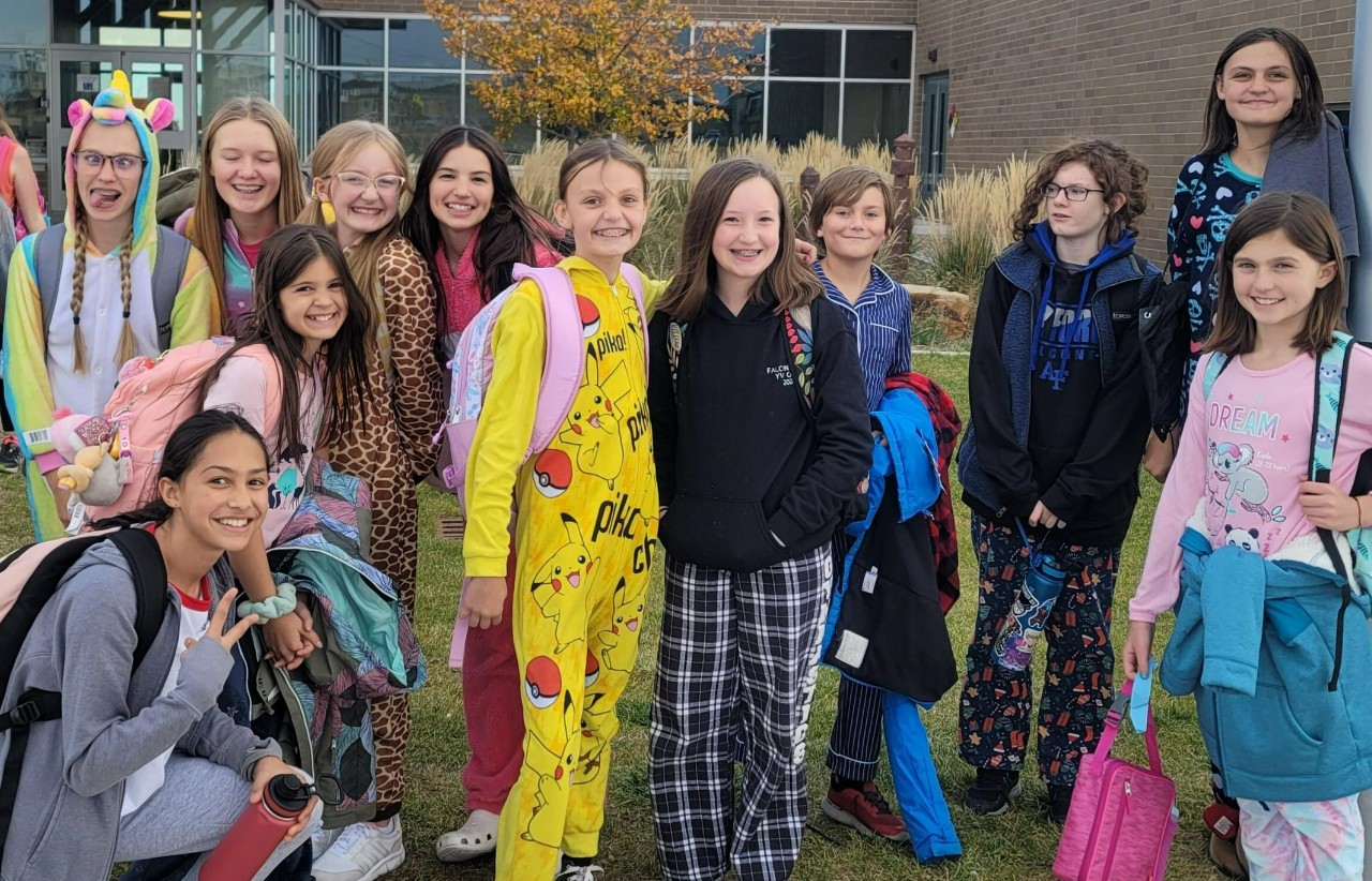 Group of students dressed in pajamas