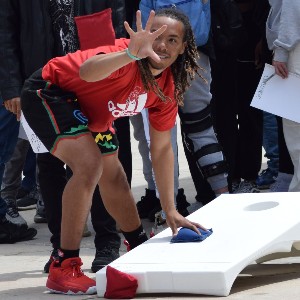 Student at beanbag toss