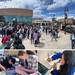 Collage of students outside school and students signing autograph pages