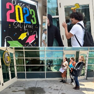 Collage: Students throwing Velcro axes at target and a sign that says "Class of 2023 Set Free"