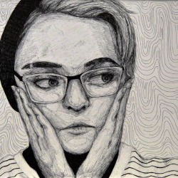 A pencil drawing of a woman wearing glasses.