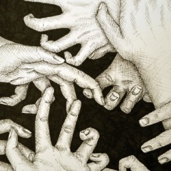 A pencil drawing of many hands reaching for each other.