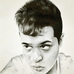 A pencil drawing of a person from the eyes up.