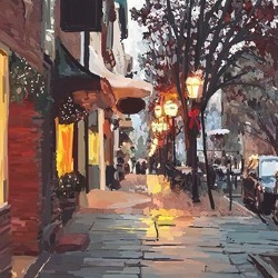 A painting of a sidewalk lit by street lights.