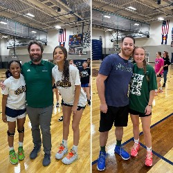 Collage: Students posing with teachers on the basketball court