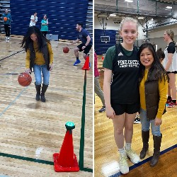 Collage: Teacher dribbling the ball on the left and teacher posing with the student who nominated them on the right.