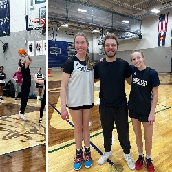 Collage: teacher shooting basketball on the left, teacher posing with students who nominated him on the right.