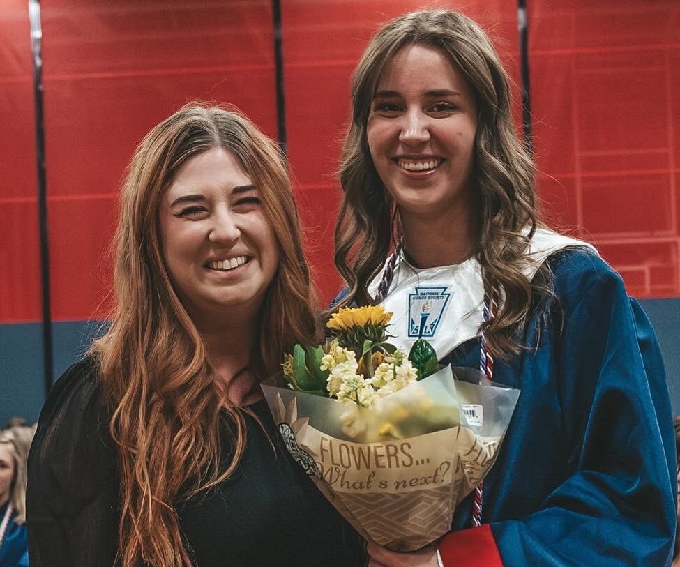 Liberty senior student Emily Robertson is pictured with Liberty teacher Eilidh Gill at Senior Awards Night in Liberty's gym.